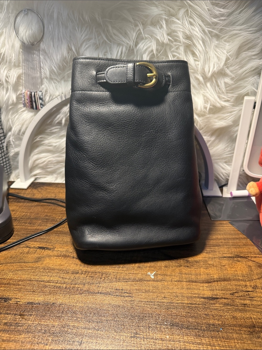 Coach Black Leather Backpack with Gold Buckle Accent